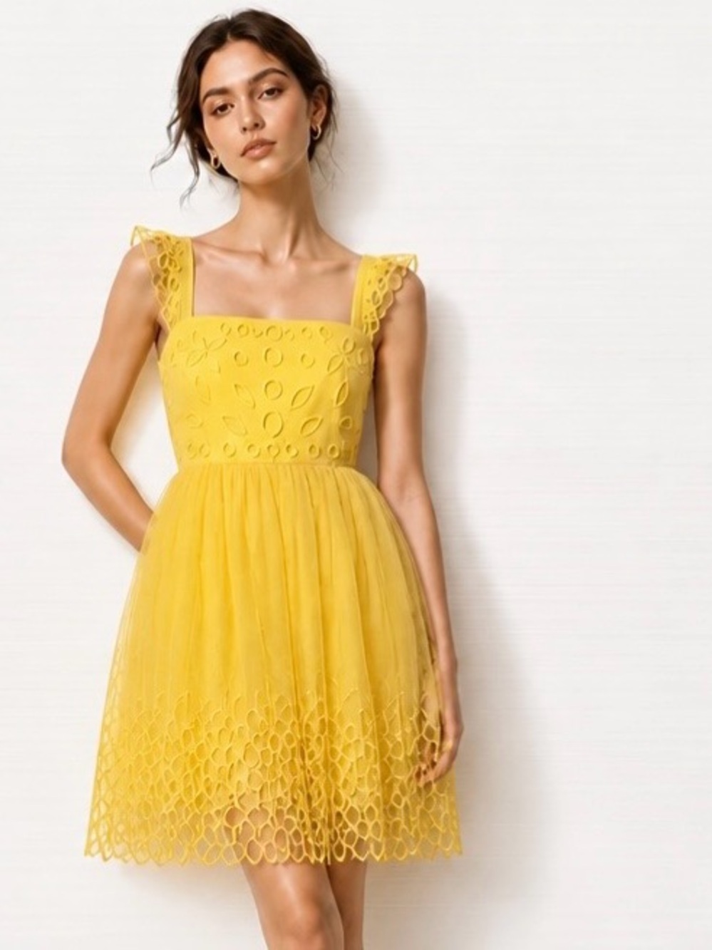 Anthropologie LET ME BE Eyelet Tulle Mini Dress Yellow Embroidered Cutwork Party
